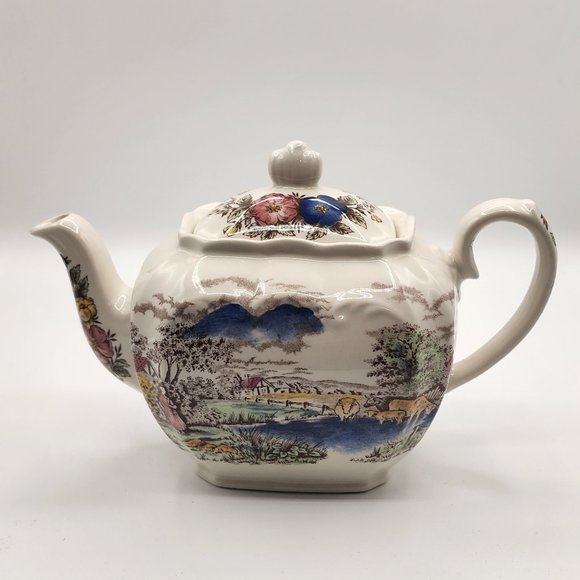 Vintage Windsor England Teapot Country Pastoral Scene Farm Trees Pond 1940's-60' - Picture 2 of 10